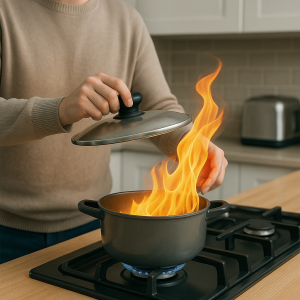 Person löscht einen Fettbrand, indem sie einen passenden Topfdeckel vorsichtig von vorn auf den brennenden Topf legt.