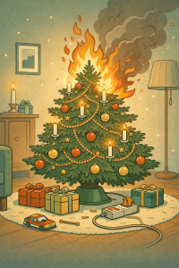 Brennender Weihnachtsbaum mit Kerzen und Geschenken im Wohnzimmer als Symbol für Brandgefahr an Weihnachten.