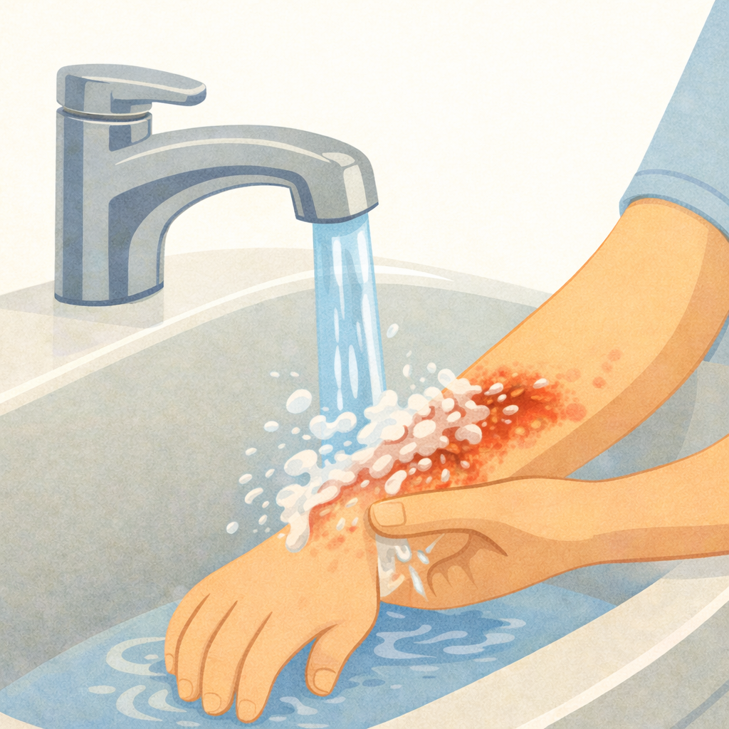 Illustration zeigt das Kühlen einer kleinen Verbrennung am Unterarm mit handwarmem Leitungswasser gemäß Erste-Hilfe-Empfehlung