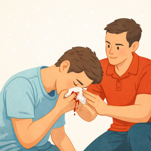 Illustration zur richtigen Ersten Hilfe bei Nasenbluten mit nach vorne geneigtem Kopf