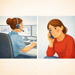 Illustration einer Person, die einen Notruf führt, während eine Leitstelle das Gespräch begleitet.