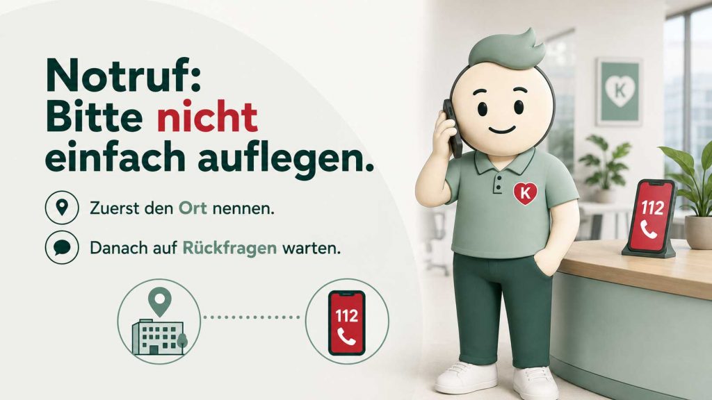 KNIWI von KNIWAMED telefoniert beim Notruf 112 und erinnert daran, zuerst den Notfallort zu nennen und anschließend auf Rückfragen der Leitstelle zu warten.