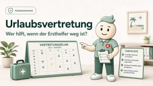 KNIWI steht neben einem Schicht- und Vertretungsplan für Juli und August und erinnert daran, die Erste Hilfe im Betrieb auch während der Urlaubszeit sicherzustellen.