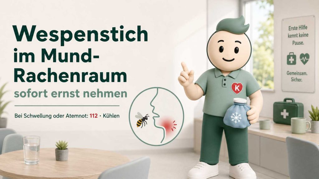KNIWI hält einen Eisbeutel und weist auf Erste Hilfe bei einem Wespenstich im Mund-Rachenraum hin: kühlen und bei Atemnot 112 rufen.