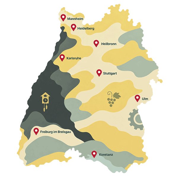 Karte von Baden-Württemberg mit KNIWAMED Standorten in Mannheim, Heidelberg, Karlsruhe, Heilbronn, Stuttgart, Freiburg, Ulm und Konstanz