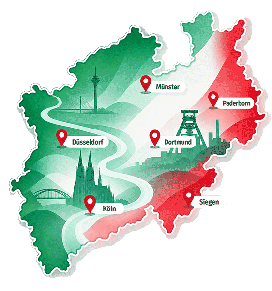 Karte von Nordrhein-Westfalen mit Paderborn – Erste-Hilfe-Inhouse-Kurse von KNIWAMED