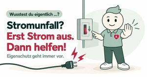 KNIWI zeigt auf einen Stromschalter und warnt vor Stromunfällen. Erst Strom abschalten, dann Erste Hilfe leisten.
