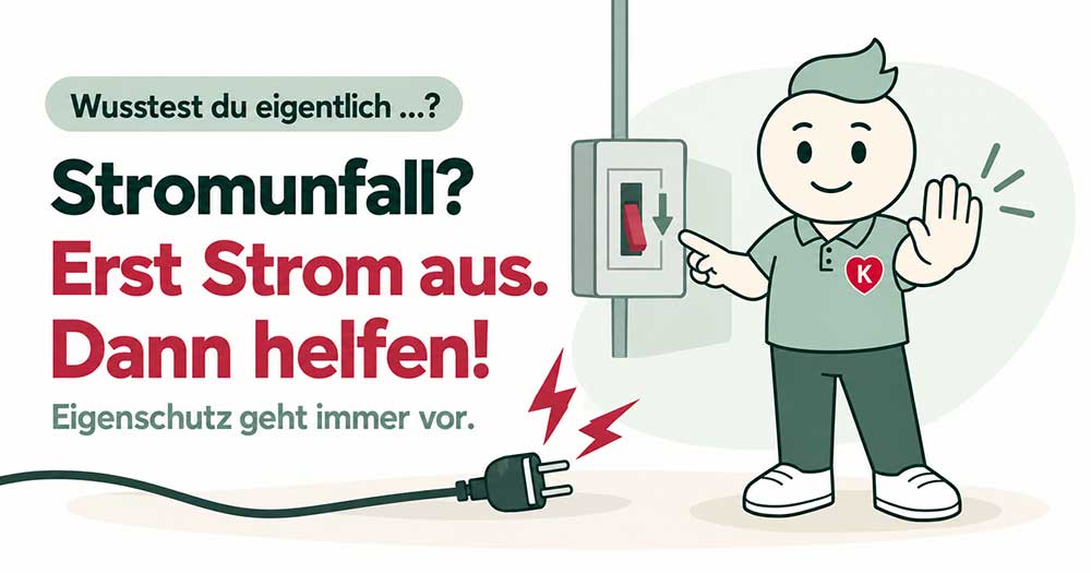 KNIWI zeigt auf einen Stromschalter und warnt vor Stromunfällen. Erst Strom abschalten, dann Erste Hilfe leisten.