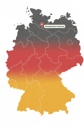 Deutschlandkarte mit den KNIWAMED-Regionen und dem Hauptstandort Hamburg