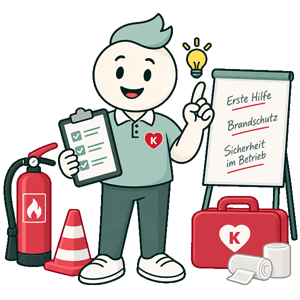 KNIWI mit Erste-Hilfe-Koffer, Feuerlöscher, Flipchart und Checkliste für betriebliche Erste-Hilfe- und Brandschutzschulungen